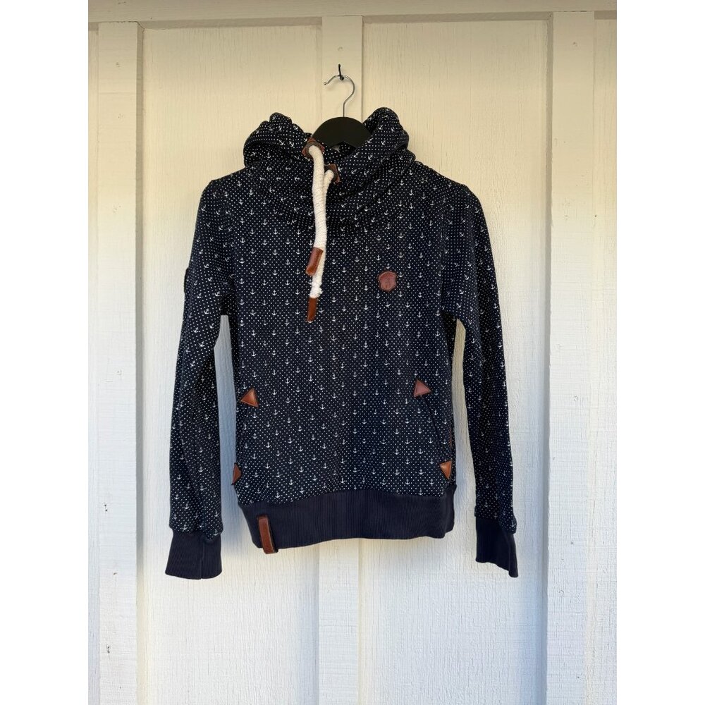 Sz Small NAKETANO  Hoodie Women's Pullover Hooded Pockets Patterned Blue Anchor